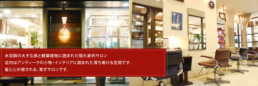 木目調の大きな扉と観葉植物に囲まれた隠れ家的サロン 店内はアンティークの小物・インテリアに囲まれた落ち着ける空間です。 髪と心が癒される、寛ぎサロンです。